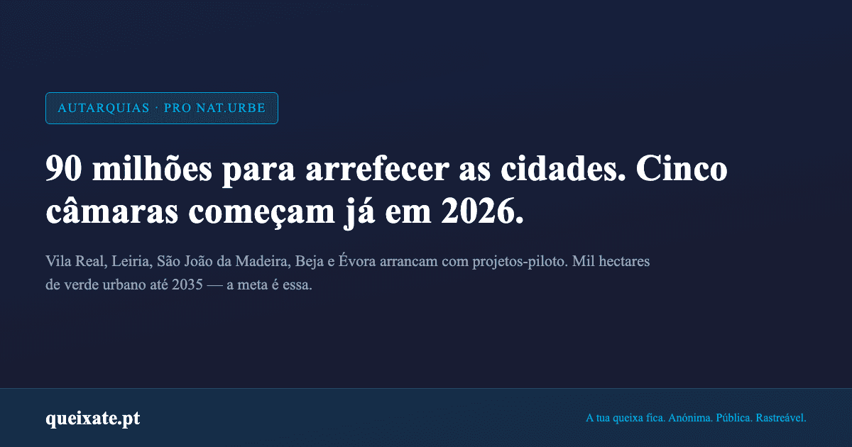 90 milhões de euros para arrefecer as cidades. Cinco câmaras arrancam já em 2026, com mil hectares de verde urbano como meta até 2035.