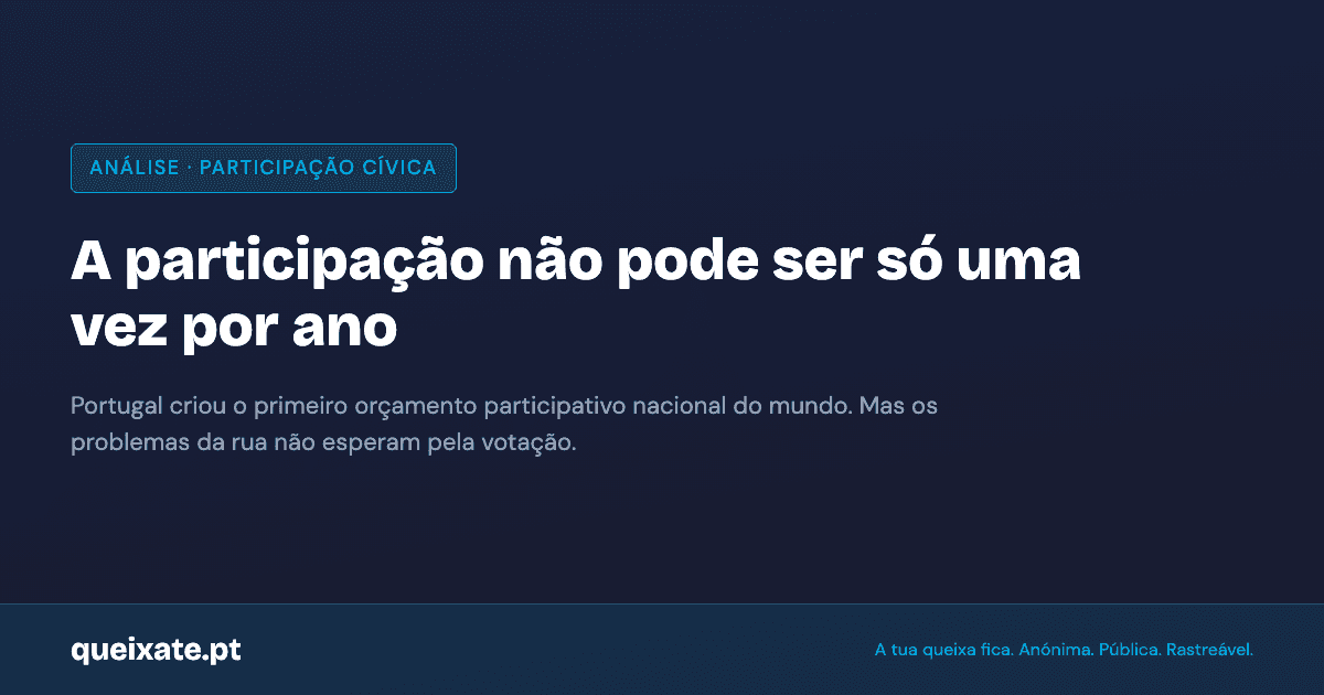 Participation cannot happen just once a year. Portugal created the world's first national participatory budget, but street-level problems don't wait for a vote.