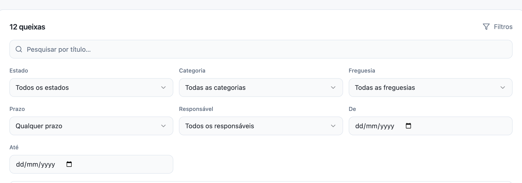 Barra de filtros da lista: pesquisa por título e filtros de estado, categoria, freguesia, prazo, responsável e intervalo de datas.