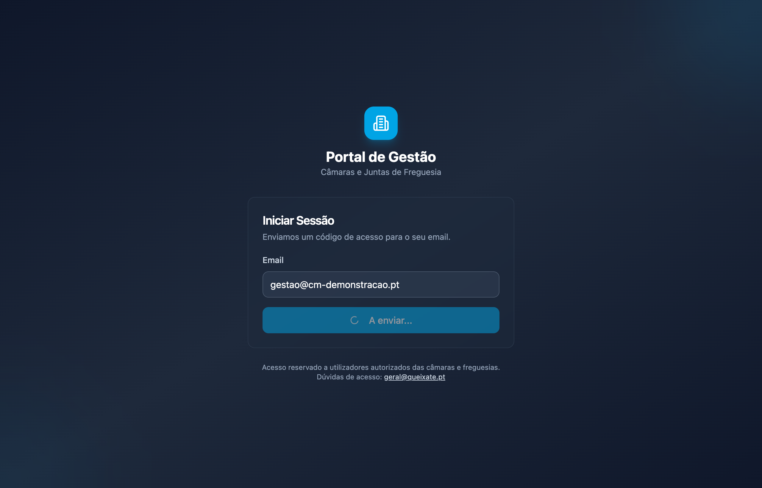 Email preenchido e o botão a indicar "A enviar..." enquanto o código é enviado.