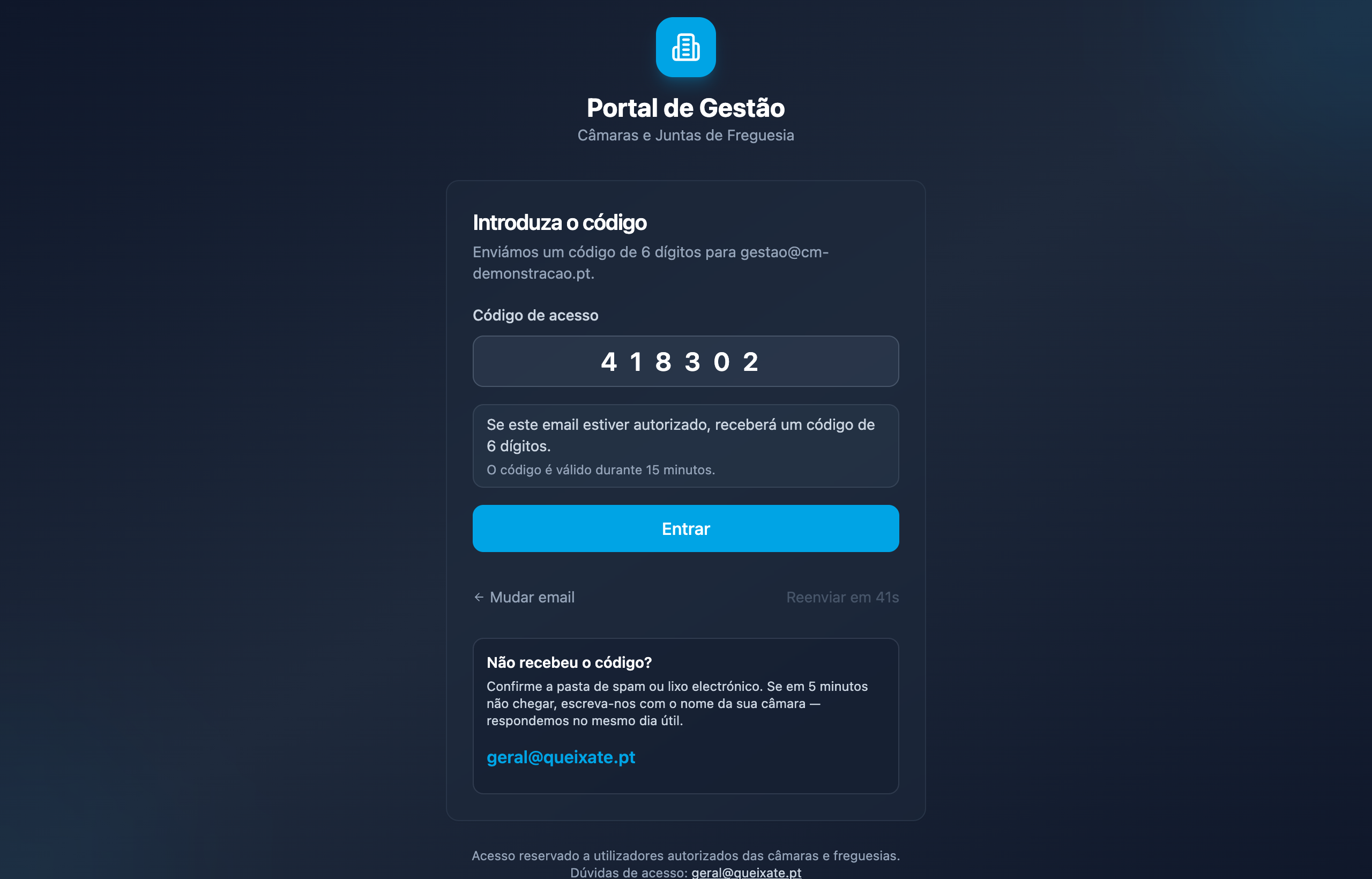 Campo para introduzir o código de acesso de 6 dígitos.